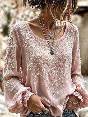 Crew Neck Long Sleeve Floral Regular Micro-Elasticity Regular Fit Blouse For Women - Image 3