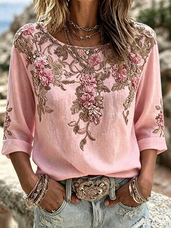 Crew Neck Half Sleeve Floral Regular Micro-Elasticity Regular Fit Blouse For Women - Image 2