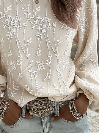 Crew Neck Long Sleeve Floral Printing Regular Micro-Elasticity Regular Fit Blouse For Women 3 Crew Neck Long Sleeve Floral Printing Regular Micro-Elasticity Regular Fit Blouse For Women - Image 3