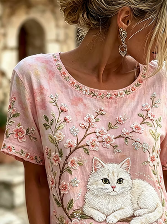 Casual Floral Crew Neck Short Sleeve T-shirt - Image 2