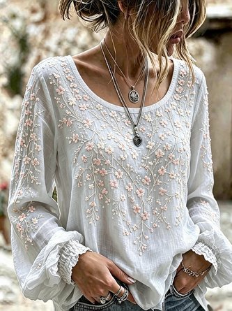 Crew Neck Long Sleeve Floral Regular Micro-Elasticity Regular Fit Blouse For Women - Image 2