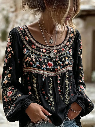 Crew Neck Long Sleeve Floral Regular Micro-Elasticity Regular Fit Blouse For Women 5 Crew Neck Long Sleeve Floral Regular Micro-Elasticity Regular Fit Blouse For Women - Image 5