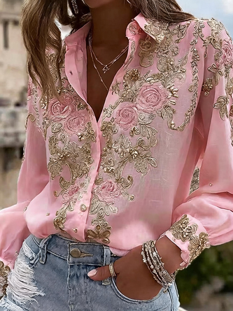 Shirt Collar Long Sleeve Floral Regular Micro-Elasticity Regular Fit Shirt For Women - Image 2