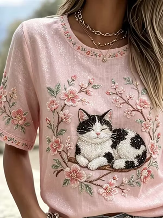 Casual Floral Crew Neck Short Sleeve T-shirt - Image 2