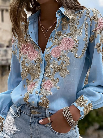 Shirt Collar Long Sleeve Floral Regular Micro-Elasticity Regular Fit Shirt For Women - Image 3