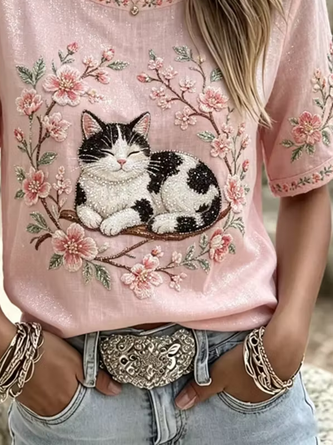 Casual Floral Crew Neck Short Sleeve T-shirt - Image 3