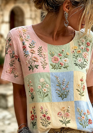 Casual Floral Crew Neck Short Sleeve T-shirt - Image 2