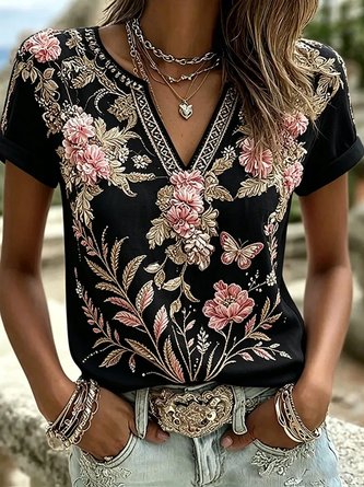 Casual Floral Notched Short Sleeve T-shirt - Image 4