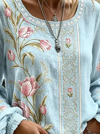 Crew Neck Long Sleeve Floral Lightweight Micro-Elasticity Loose Blouse For Women - Image 3