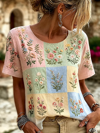 Casual Floral Crew Neck Short Sleeve T-shirt