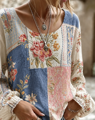 Crew Neck Long Sleeve Floral Printing Lightweight Micro-Elasticity Loose Blouse For Women - Image 3
