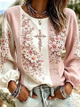 Crew Neck Long Sleeve Floral Lightweight Micro-Elasticity Loose Blouse For Women