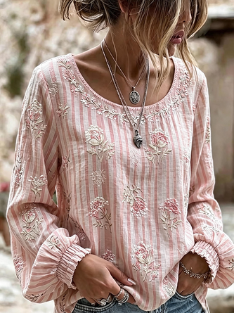 Crew Neck Long Sleeve Floral Regular Micro-Elasticity Regular Fit Blouse For Women 2 Crew Neck Long Sleeve Floral Regular Micro-Elasticity Regular Fit Blouse For Women - Image 2