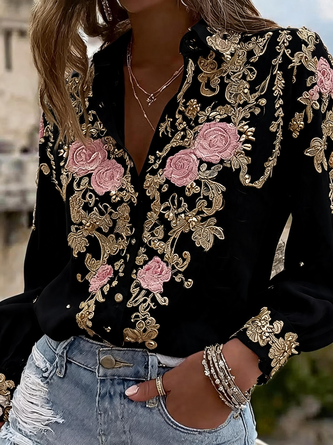 Shirt Collar Long Sleeve Floral Regular Micro-Elasticity Regular Fit Shirt For Women - Image 5