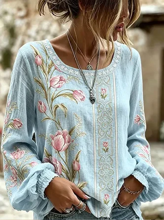 Crew Neck Long Sleeve Floral Lightweight Micro-Elasticity Loose Blouse For Women
