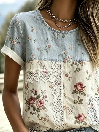 Casual Floral Crew Neck Short Sleeve T-shirt - Image 2