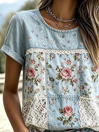 Casual Floral Crew Neck Short Sleeve T-shirt - Image 2
