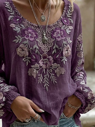 Crew Neck Long Sleeve Floral Printing Regular Micro-Elasticity Regular Fit Blouse For Women - Image 3