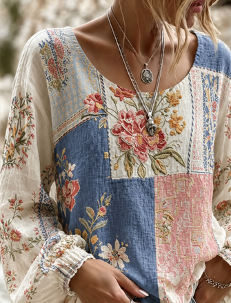 Crew Neck Long Sleeve Floral Printing Lightweight Micro-Elasticity Loose Blouse For Women - Image 2