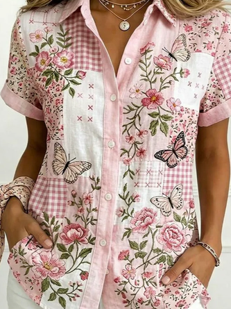 Shawl Collar Short Sleeve Geometric Lightweight Micro-Elasticity Regular Fit Shirt For Women - Image 2