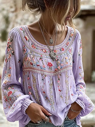 Crew Neck Long Sleeve Floral Regular Micro-Elasticity Regular Fit Blouse For Women 4 Crew Neck Long Sleeve Floral Regular Micro-Elasticity Regular Fit Blouse For Women - Image 4