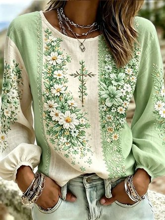 Crew Neck Long Sleeve Floral Lightweight Micro-Elasticity Loose Blouse For Women - Image 3