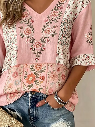 V Neck Half Sleeve Floral Regular Micro-Elasticity Regular Fit Blouse For Women - Image 2