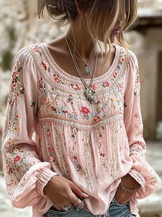 Crew Neck Long Sleeve Floral Regular Micro-Elasticity Regular Fit Blouse For Women 3 Crew Neck Long Sleeve Floral Regular Micro-Elasticity Regular Fit Blouse For Women - Image 3