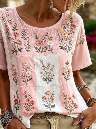 Casual Floral Crew Neck Short Sleeve T-shirt - Image 3