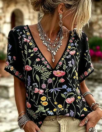 Vintage Floral Crew Neck Short Sleeve T-shirt 3 Vintage Floral Crew Neck Short Sleeve T-shirt - Image 3