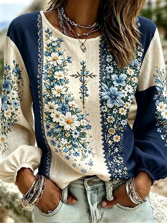 Crew Neck Long Sleeve Floral Lightweight Micro-Elasticity Loose Blouse For Women - Image 5