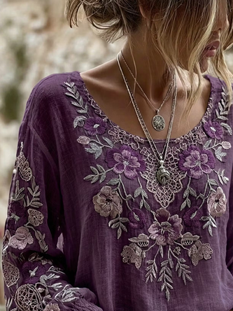 Crew Neck Long Sleeve Floral Printing Regular Micro-Elasticity Regular Fit Blouse For Women - Image 2