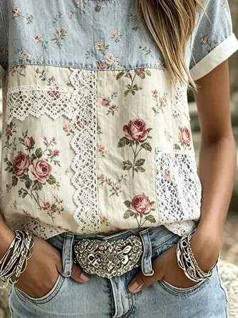 Casual Floral Crew Neck Short Sleeve T-shirt - Image 3