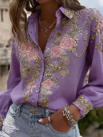 Shirt Collar Long Sleeve Floral Regular Micro-Elasticity Regular Fit Shirt For Women - Image 4