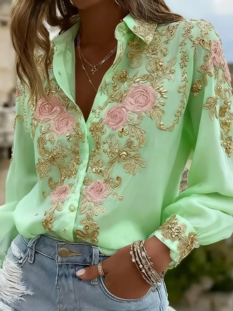 Shirt Collar Long Sleeve Floral Regular Micro-Elasticity Regular Fit Shirt For Women - Image 6