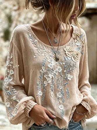 Crew Neck Long Sleeve Floral Regular Micro-Elasticity Loose Blouse For Women - Image 3