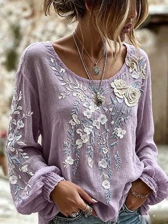 Crew Neck Long Sleeve Floral Regular Micro-Elasticity Loose Blouse For Women - Image 5
