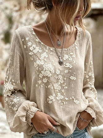 Crew Neck Long Sleeve Floral Regular Micro-Elasticity Loose Blouse For Women - Image 6