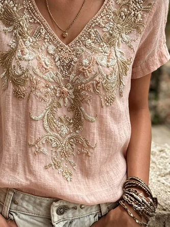 Vintage Floral V Neck Short Sleeve T-shirt 3 Vintage Floral V Neck Short Sleeve T-shirt - Image 3