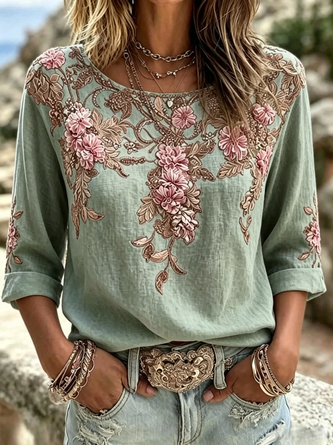Crew Neck Half Sleeve Floral Regular Micro-Elasticity Regular Fit Blouse For Women - Image 7
