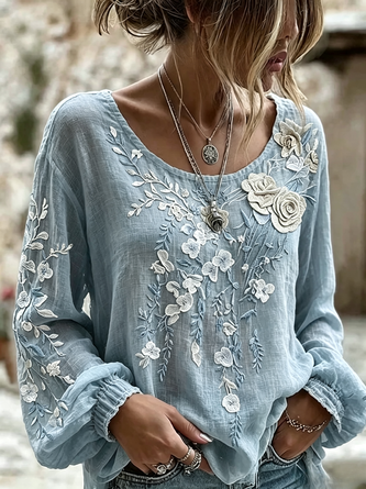 Crew Neck Long Sleeve Floral Regular Micro-Elasticity Loose Blouse For Women - Image 4