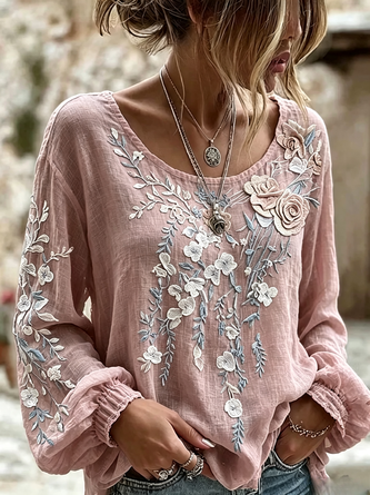Crew Neck Long Sleeve Floral Regular Micro-Elasticity Loose Blouse For Women - Image 2