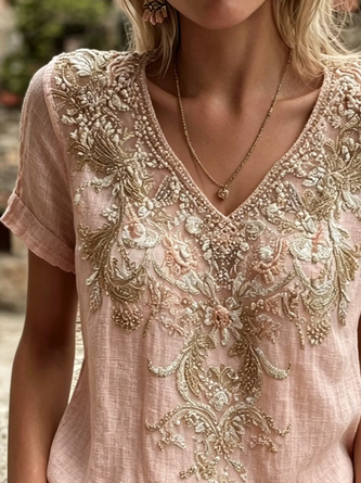 Vintage Floral V Neck Short Sleeve T-shirt 2 Vintage Floral V Neck Short Sleeve T-shirt - Image 2