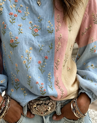 Crew Neck Long Sleeve Floral Printing Lightweight Micro-Elasticity Loose Blouse For Women - Image 3