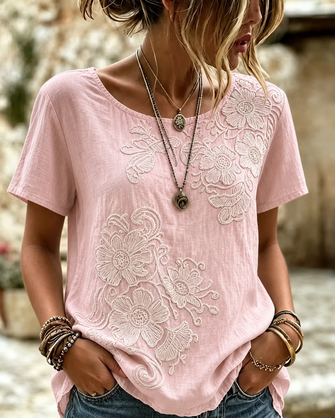 Casual Floral Crew Neck Short Sleeve T-shirt - Image 2