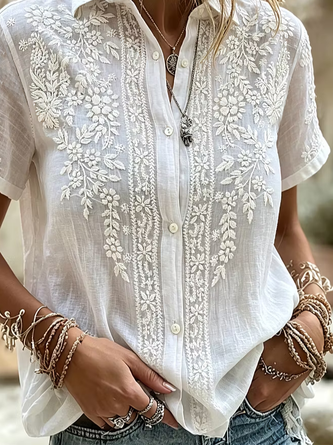 Shirt Collar Short Sleeve Floral Printing Regular Micro-Elasticity Loose Button Up Shirt Shirt For Women - Image 5
