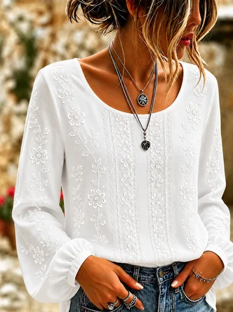 Crew Neck Long Sleeve Floral Printing Lightweight Micro-Elasticity Loose Blouse For Women
