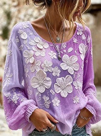 Crew Neck Long Sleeve Floral Printing Lightweight Micro-Elasticity Loose Blouse For Women