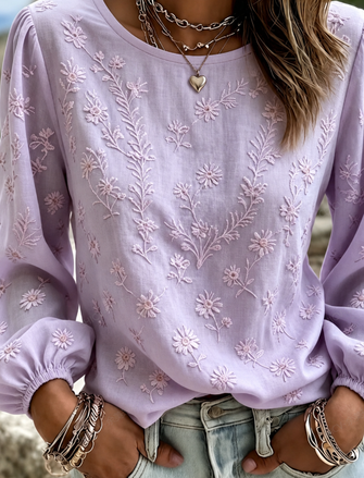 Crew Neck Long Sleeve Floral Printing Lightweight Micro-Elasticity Loose Blouse For Women - Image 2
