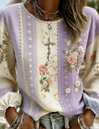Crew Neck Long Sleeve Floral Printing Lightweight Micro-Elasticity Loose Blouse For Women - Image 3